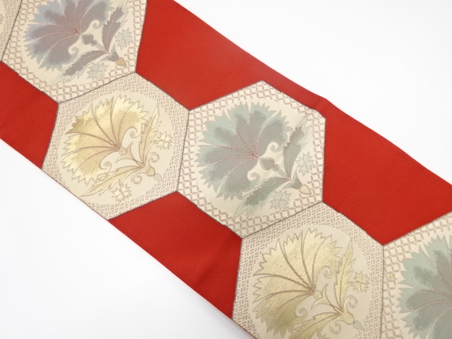 アンティーク　亀甲に花更紗模様織り出し名古屋帯（着用可）